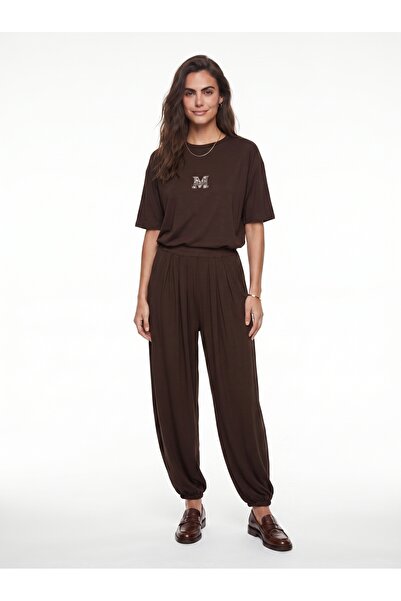 ONLOOX Bitter Brown Viscose Blended High Waist Oversize Stone Embroidered Ple...