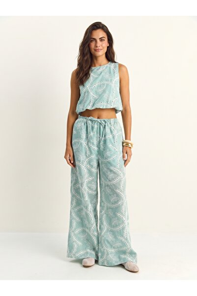 ONLOOX Water Green Cotton Elastic Waist Wide Leg Embroidered Balloon Crop Blo...