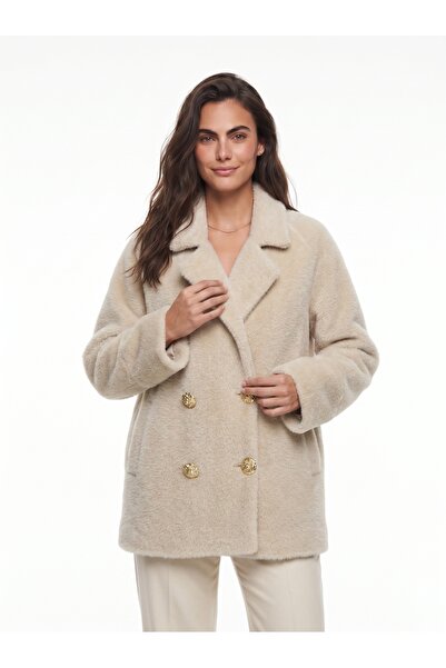 ONLOOX Beige Cotton Plush Textured Oversized Button Detailed Pocketed Lined L...