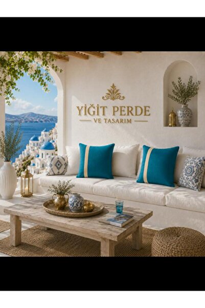 YİĞİT PERDE TASARIM Turquoise Color Beige Transitional Velvet Textured Custom...