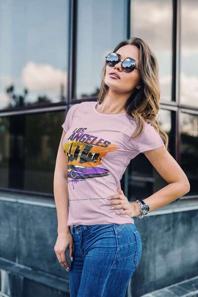 iLovePrints Los Angeles Skyline and Sports Car Illustration Tshirt