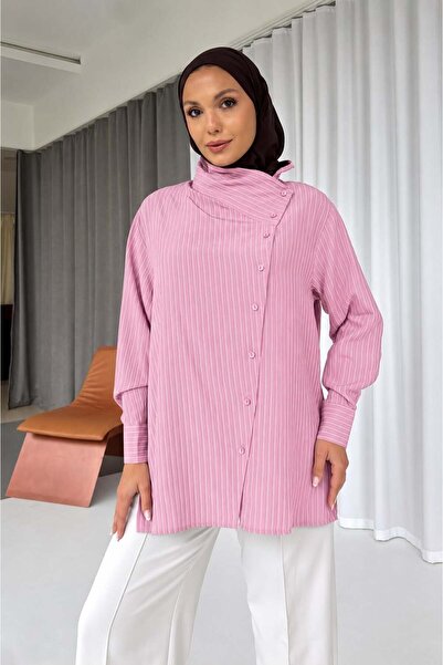 RİSS Asimetrik Yaka Detay Çizgili Gömlek - Pembe