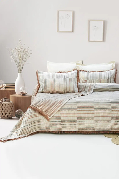 Şaheser Home Collection Lia Jacquard Muslin Bedspread Set, Natural Textured, ...