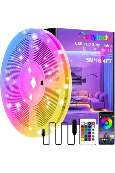 Cozylady شريط إضاءة LED بطول 5 متر، إضاءة ذكية بتقنية البلوتوث RGB مع تحكم عب...