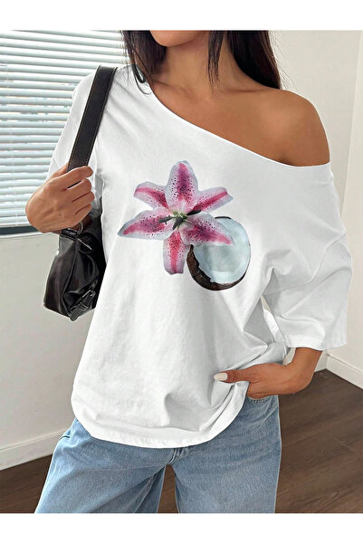 OVER HEAD Tricou de damă, 100% bumbac, cu imprimeu cu flori de cocos, cu deco...