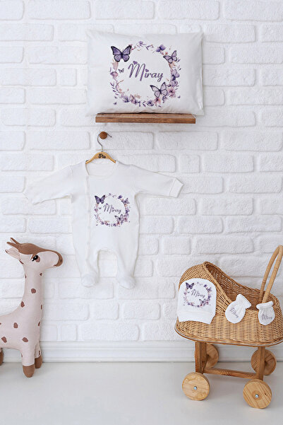Pia Baby Premium Kız Bebek İsme Özel %100 Pamuk Tulum Şapka Eldiven ve Yastık...