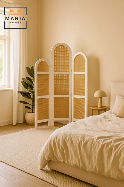 MARIA HOMES 3-Panel Rattan Room Divider with White Frame – 121×180 cm Modern ...