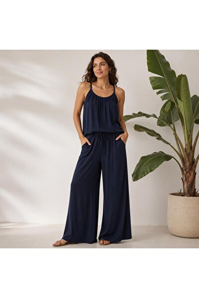 Mİ TİA ATELİER Women's Rope Strap Blouse with Elastic Waist Wide Leg Pants Fl...