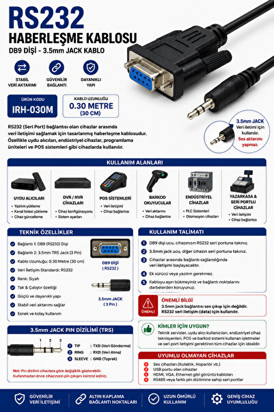 IRONSTAR RS232 Haberleşme Kablosu / DB9 Dişi 3.5mm Jack Kablo / RS232 Seri Po...