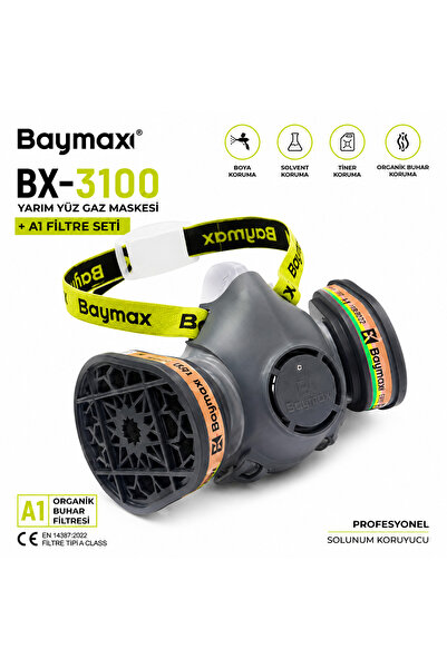 Baymax BX-3100 Yarım Yüz Gaz Maskesi + A1 Filtre Seti | Boya, Solvent, Tiner ...