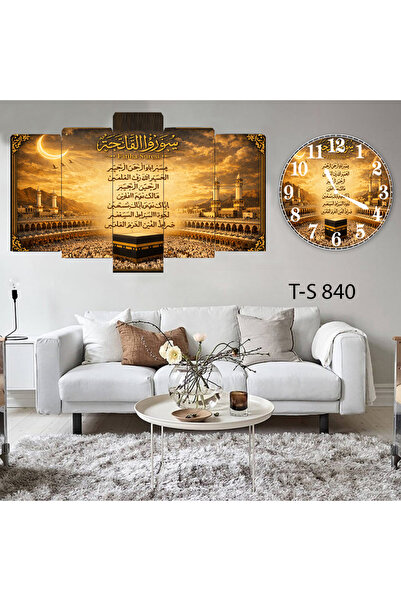 BellaaaModa Dini Temalı Dekoratif Desenli Mdf Tablo 5 Parça Set ve Saatli Tak...