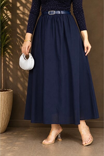 ASTEMİA Women's Belted Pocketed Maxi Length Summer Skirt Sb0042
