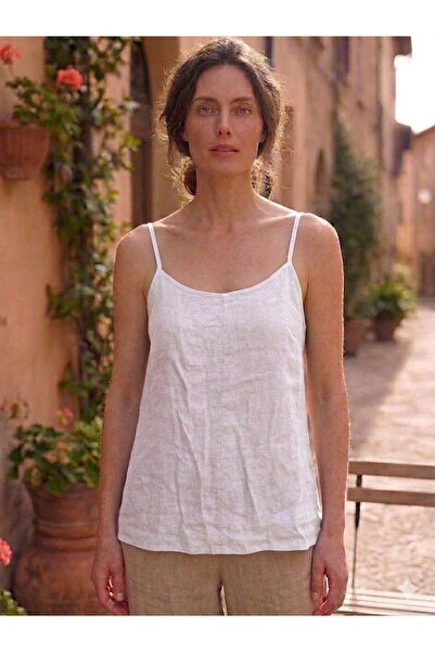 AYASOFYA OTANTIK Women's Italian White Plain Pattern 100% Linen Strap Blouse