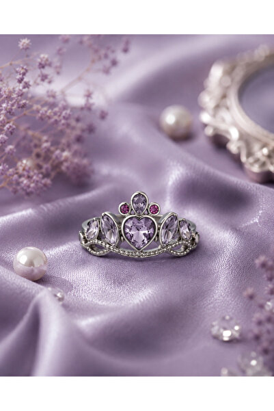 Sylvera Shop Princess Crown Purple Stone Ring - Adjustable (Silver Color)