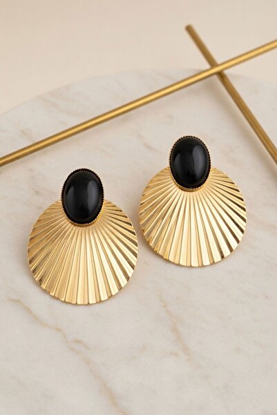 bacc Gold Oval Stone Fan Earrings