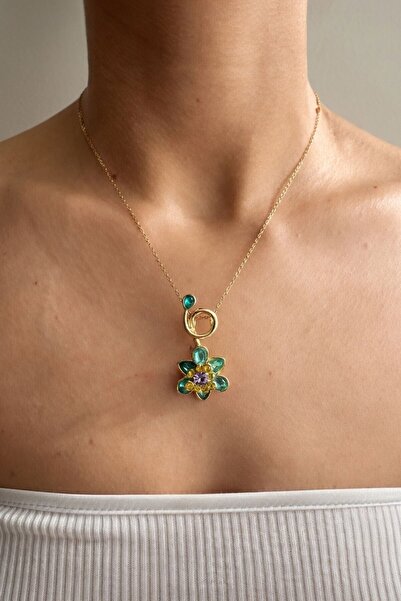 bacc Mint Spiral and Stone Detailed Flower Figured Gold Chain Necklace