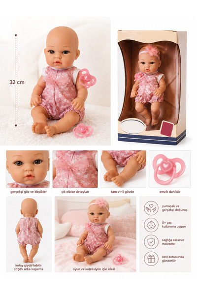 BYCEGU Tam Vinil 32 Cm Emizkli Oyuncak Kel Bebek Model Bebek