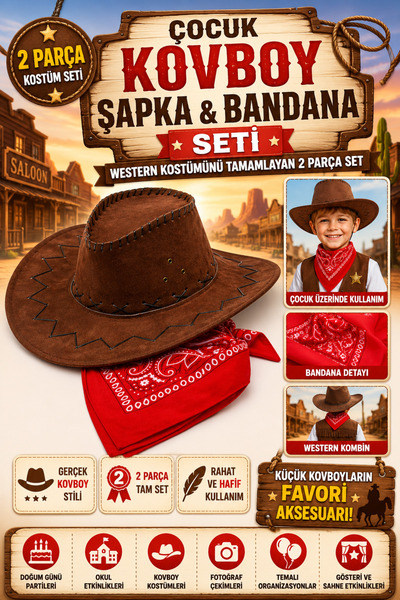 Tamsena Store Çocuk Kovboy Şapka ve Kırmızı Bandana Seti Kahverengi Western K...