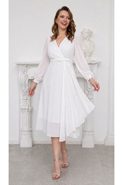 Housebutik Beyaz Şifon Kruvaze Yaka Kemer Detaylı Midi Büyük Beden Elbise