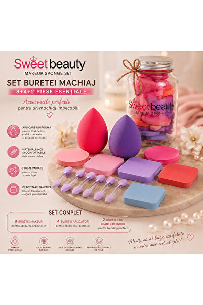 A2Z Set Bureți Machiaj Sweet Beauty 8+4+2 Piese – Beauty Blender și Aplicatoa...