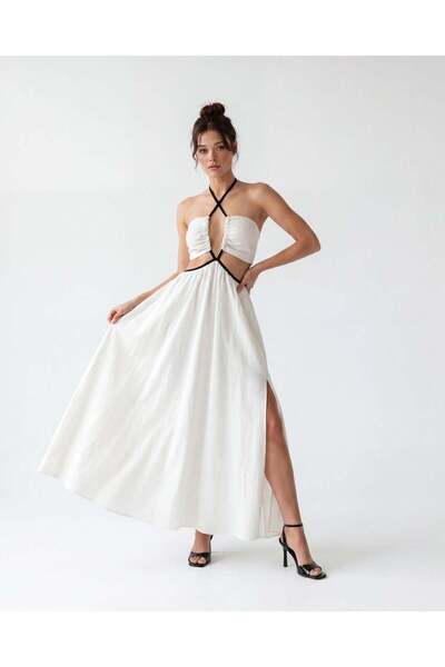 CKM MODA Contrast Piping Low-Cut Maxi Dress Beige
