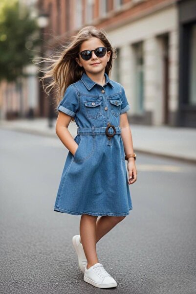 GENERAL Girl's Denim Mid-Length Dress with Short Sleeves, Pocket Detail and M...