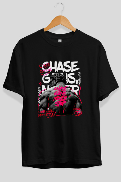 Ankhises Tricou negru supradimensionat cu imprimeu frontal Chase Gains Never ...