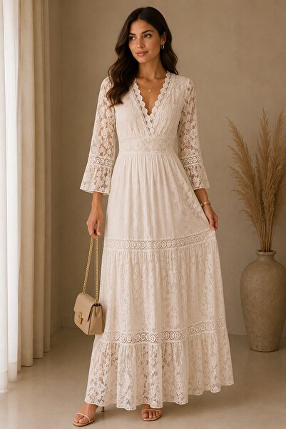 Rain and River Double-Breasted Collared Dress with Lace Details