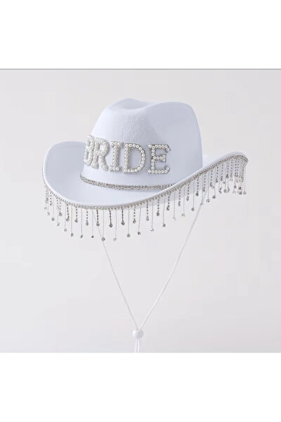 Didosh Party House Bride Taşlı Beyaz Kovboy Şapkası – Püskül Taş Detaylı Beka...