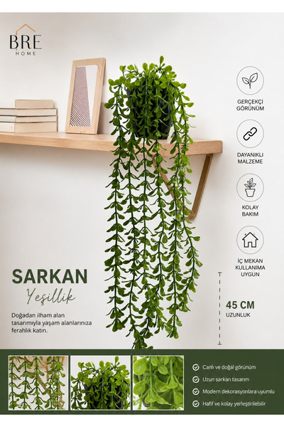 BRE HOME Yapay Sarkıt Yeşil Bitki 45 cm Dekoratif Saksılı Yapay Çiçek Ev Ofis...