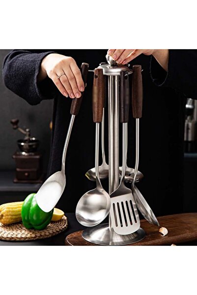 SAHABA 7- Pcs Kitchen Serving Set with Stand, For Non-stick Pan Kitchen Tool Ladle And Wok Spatulas