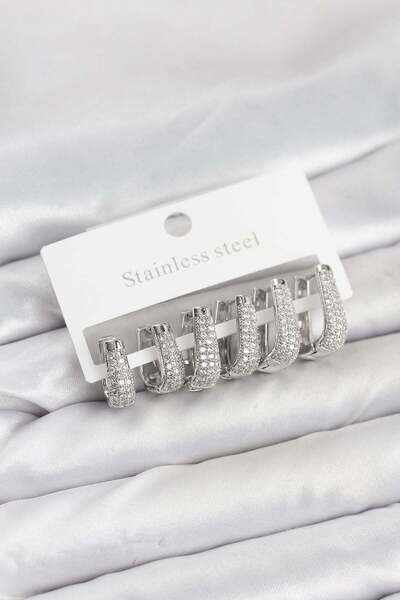 Inure Jewelry 316L Steel Silver Color Zircon Stone Drop Hoop Earrings Set