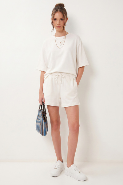 Lovelyİstanbul Modal Oversize T-Shirt Shorts Set Lub0379 Ecru