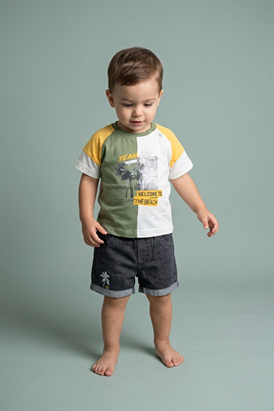 zumino Baby Boy 2-Piece Set with Palm Tree Printed Denim Shorts
