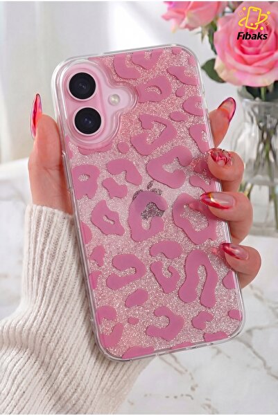 Fibaks iPhone 16 Kılıf Işıltılı Şeffaf Simli Pembe Leopar Desenli Premium Kam...