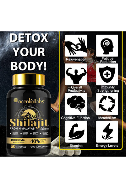 ACENTIALLABS Shilajit din Himalaya – 60 Capsule | 10.000mg Per Porție | 40% Acid Fulvic | Supliment Alimentar |