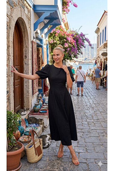 Moda Palmiss Kadın Siyah Bel Oturtmalı Balon Kol Günlük Midi Elbise