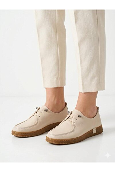 Lütfi Women's Cream Genuine Leather Orthopedic Soft Sole Casual Shoes