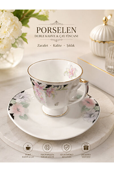 Atak Hediyelik Porselen Çiçek Desenli Duble Kahve ve Çay Fincanı tekli 150 Ml...