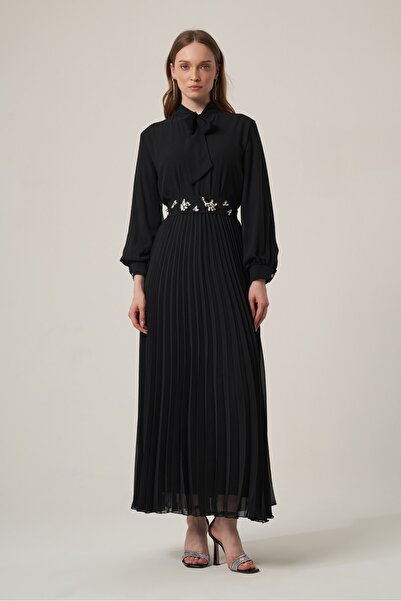 FTZ WOMEN Women's Chiffon Belted Pleated Dress Black 31406