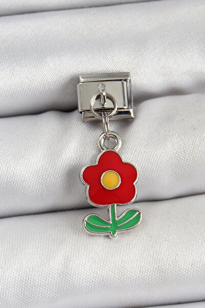 OGHAMAY 316L Steel Dangle Red Daisy Model Silver Color Nomination Charm