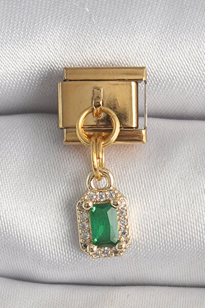 OGHAMAY 316L Steel Gold Color Hanging Square Green Zircon Stone Nomination Charm