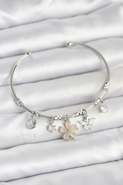 OGHAMAY Silver Color Brass Women's Bracelet with Flower and Butterfly Charms