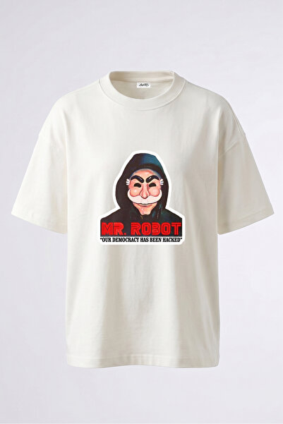 Anetos Tricou oversize alb din bumbac cu imprimeu pe spate Mr Robot Design