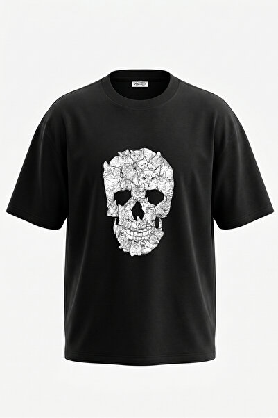 Anetos Tricou oversize negru din bumbac cu imprimeu pe spate cu design Cat Dr...