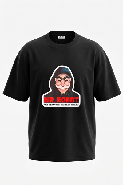 Anetos Tricou oversize negru din bumbac cu imprimeu pe spate Mr Robot Design