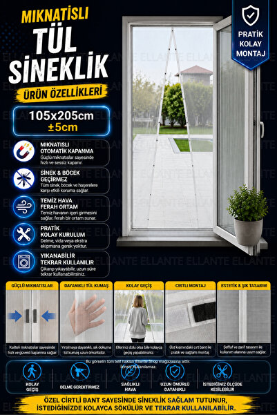 ellante Mıknatıslı Tül Sineklik 105x205 cm ±5 cm Kapı Sinekliği | Otomatik Ka...