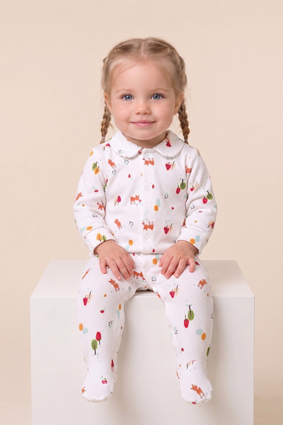 Kidyra Baby Girl White Fox and Forest Patterned Romper with Collar and Booties