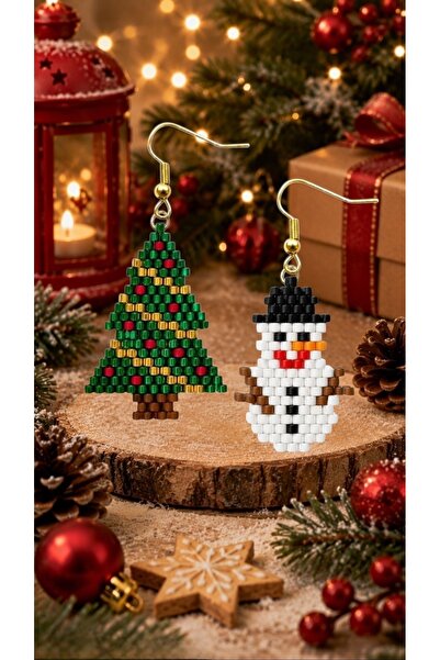 SEARD Miyuki Beads Handmade Pine Tree and Snowman Earrings New Year Christmas...