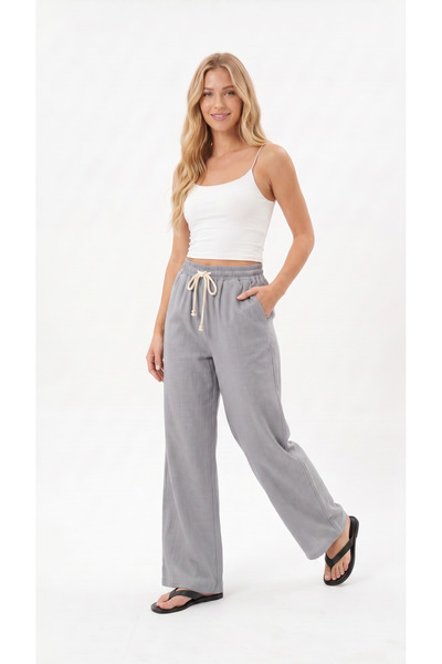 Quanlex Pantaloni de trening Palazzo din muselină de culoare gri pentru femei...